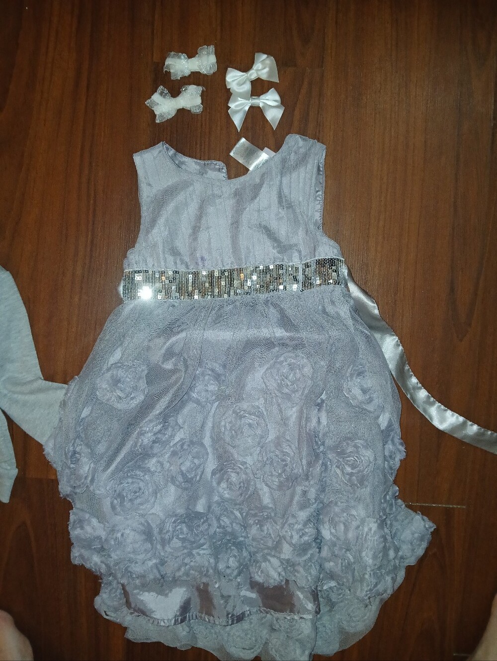 Little Lass Silver Floral Rosette Tulle Dress with Sequined Waist